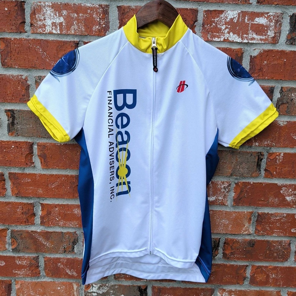 Hincapie Cycling Jersey Womens Medium White Blue Beacon Financial Full Zip